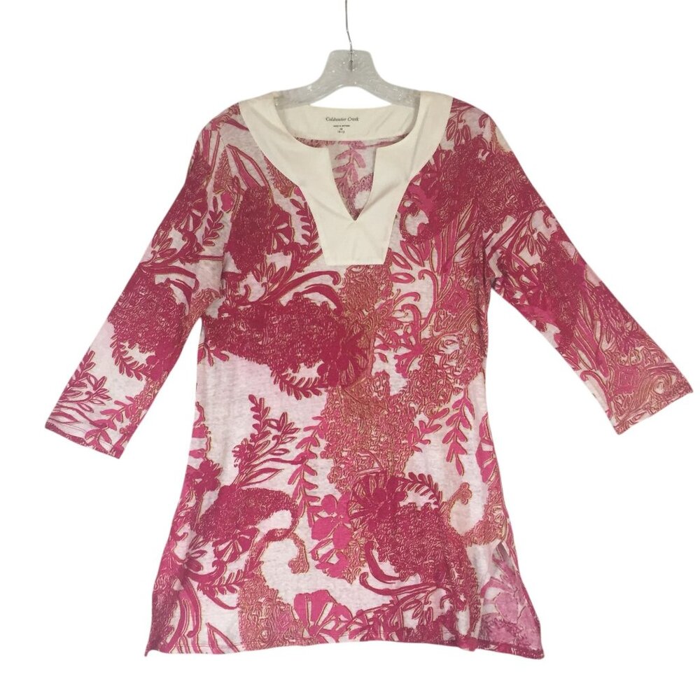 Coldwater Creek Womens M 10-12 Pink Tunic Top Floral Print Linen/Poly 3/4 Sleeve